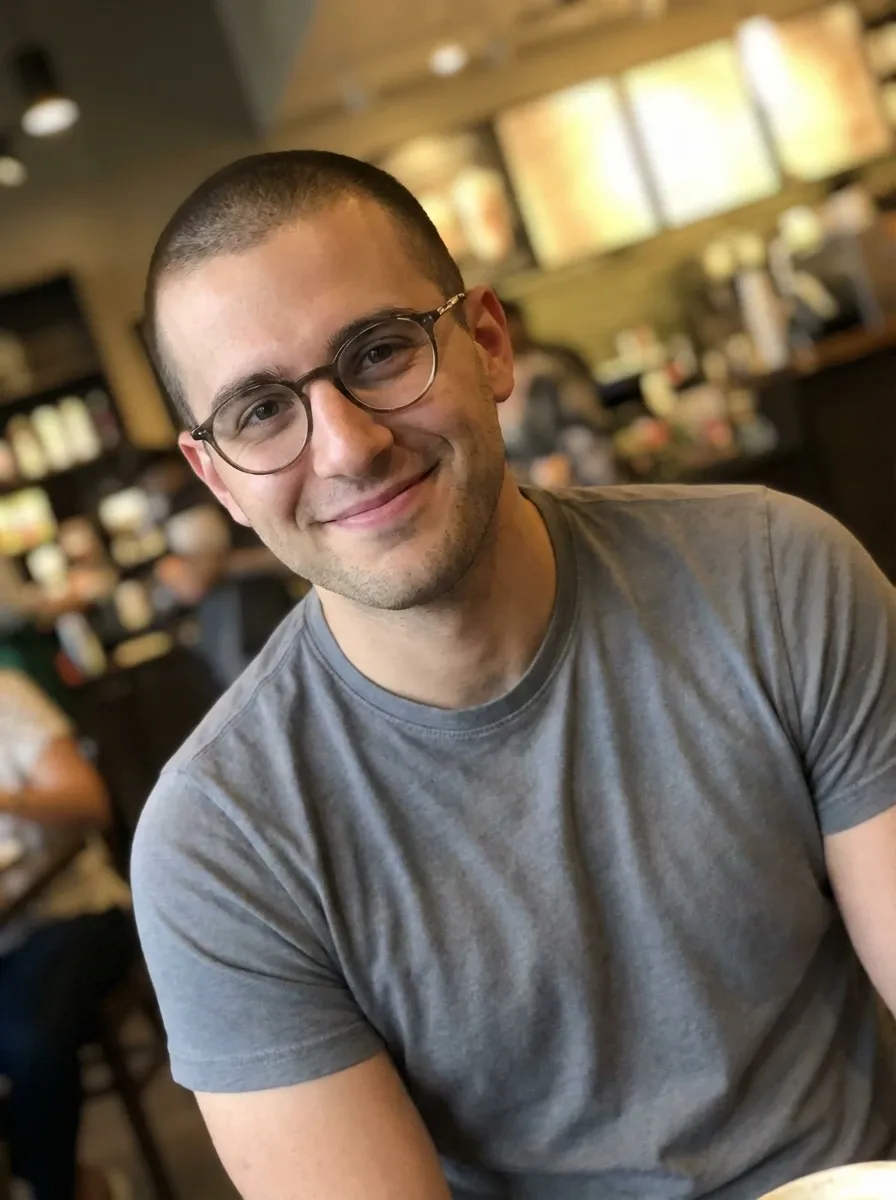 Original selfie input — man in glasses and a gray T-shirt at a cafe